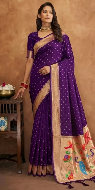 Elegant Purple Jamdani Cotton Silk Zari Butti Work Saree