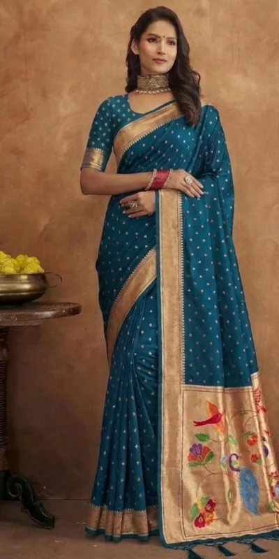 Elegant Rama Jamdani Cotton Silk Zari Butti Work Saree