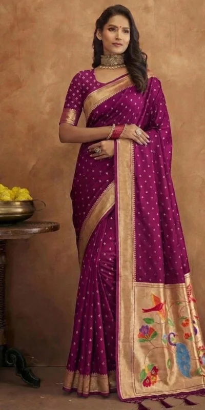 Elegant Wine Jamdani Cotton Silk Zari Butti Work Saree