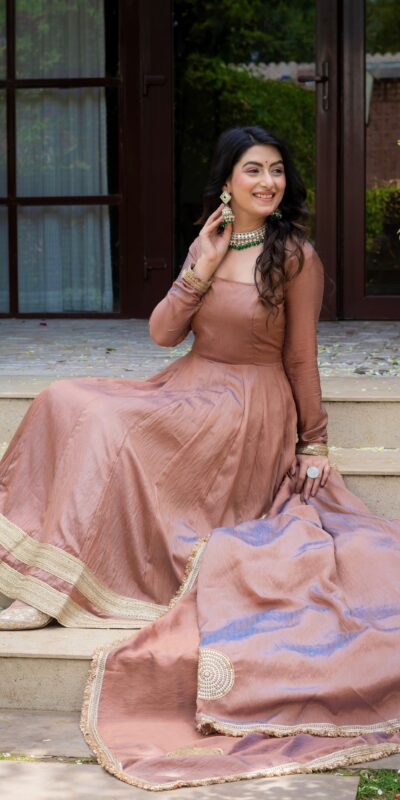 Fancy Brown Vichitra Embroidery Work Anarkali Suit