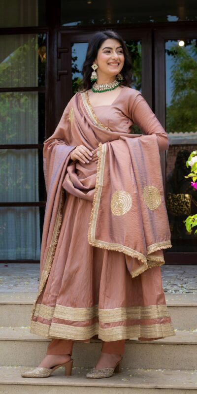 Fancy Brown Vichitra Embroidery Work Anarkali Suit