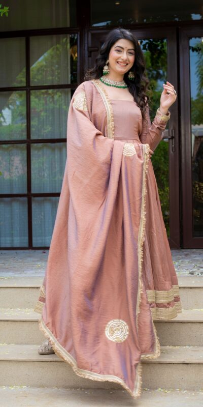 Fancy Brown Vichitra Embroidery Work Anarkali Suit
