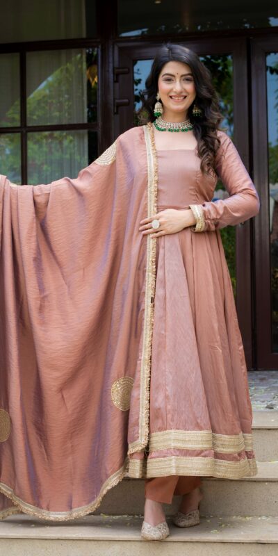 Fancy Brown Vichitra Embroidery Work Anarkali Suit