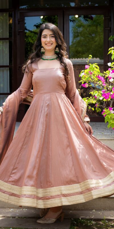 Fancy Brown Vichitra Embroidery Work Anarkali Suit