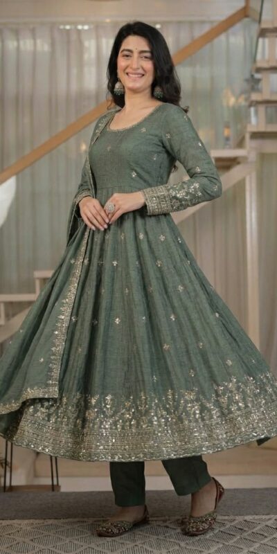 Fancy Grey Crunchy Silk Embroider Work Anarkali Suit
