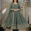 Fancy Grey Crunchy Silk Embroider Work Anarkali Suit