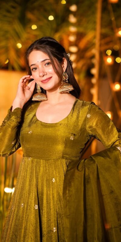 Fancy Mehendi Crunchy Silk Sequence Work Anarkali Suit