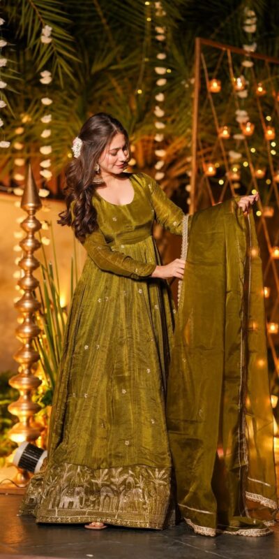 Fancy Mehendi Crunchy Silk Sequence Work Anarkali Suit