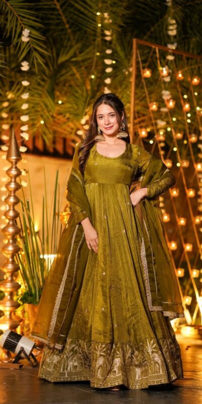 Fancy Mehendi Crunchy Silk Sequence Work Anarkali Suit