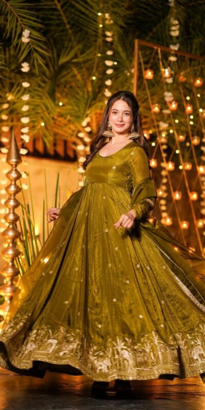 Fancy Mehendi Crunchy Silk Sequence Work Anarkali Suit