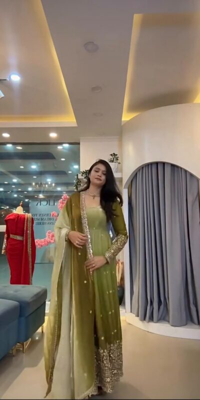 Fancy Mehendi Faux Georgette Embroider Work Gown