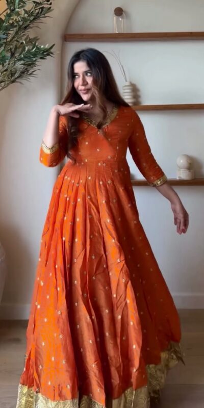 Fancy Orange Vichitra Silk Thread Work Anarkali Suit