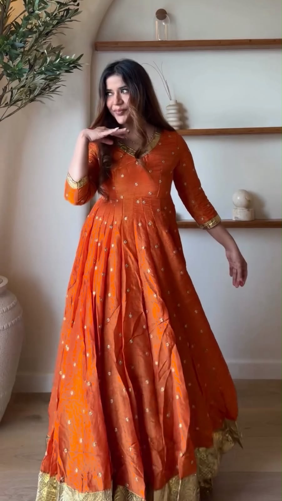 Fancy Orange Vichitra Silk Thread Work Anarkali Suit
