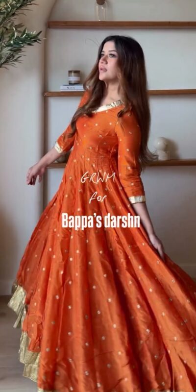 Fancy Orange Vichitra Silk Thread Work Anarkali Suit