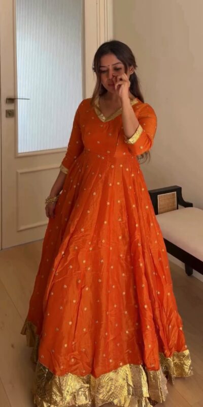 Fancy Orange Vichitra Silk Thread Work Anarkali Suit