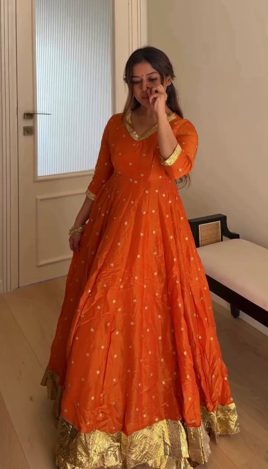 Fancy Orange Vichitra Silk Thread Work Anarkali Suit