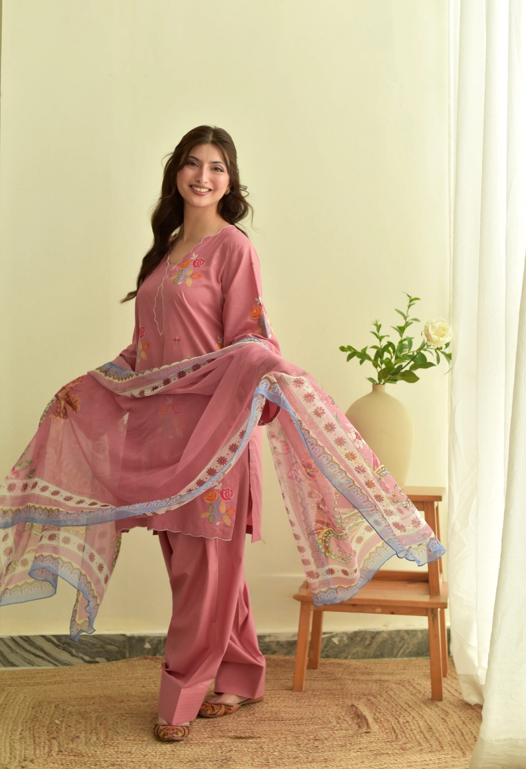 Fancy Peach Mul Chanderi Embroidery Cut Work Salwar Suit