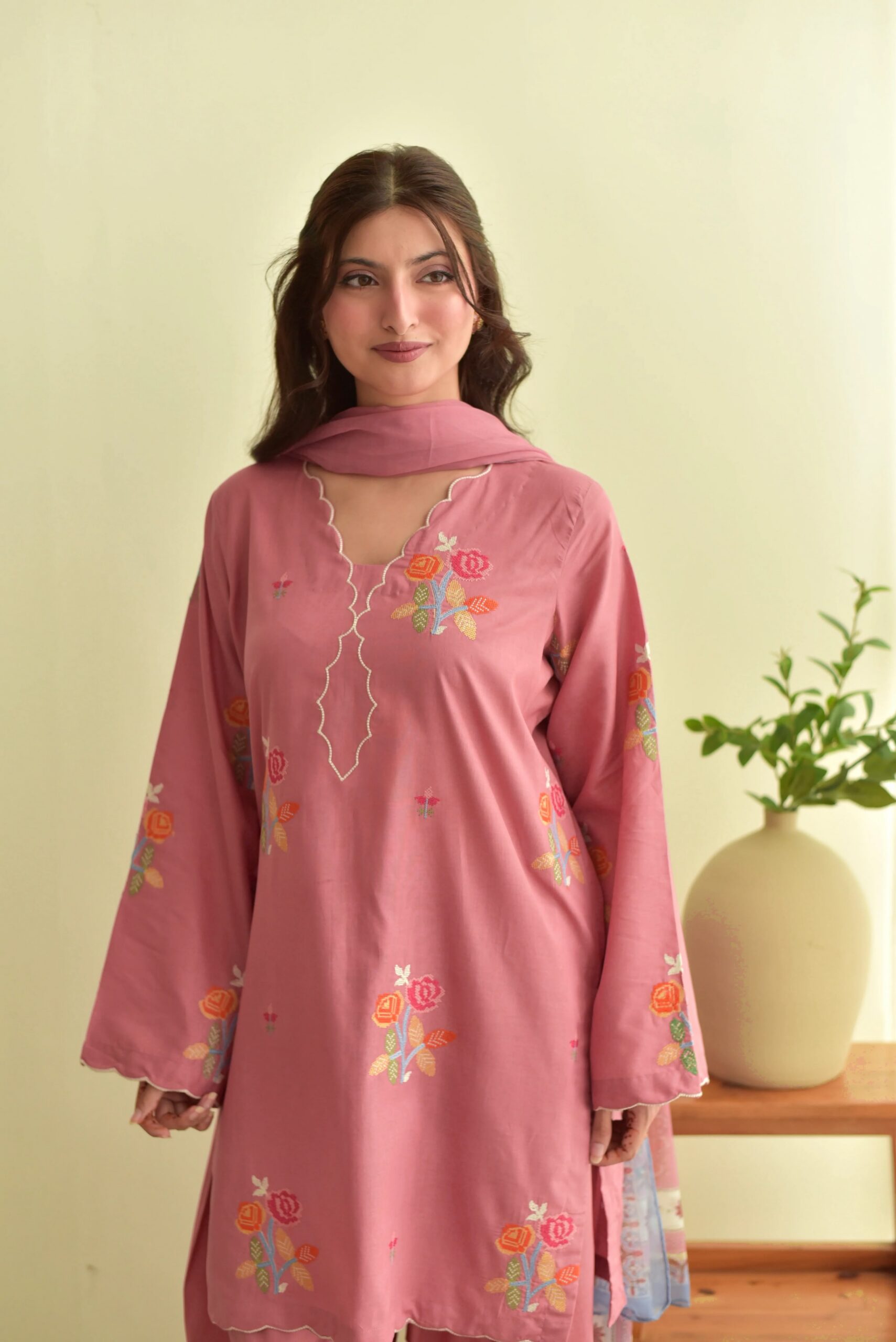Fancy Peach Mul Chanderi Embroidery Cut Work Salwar Suit