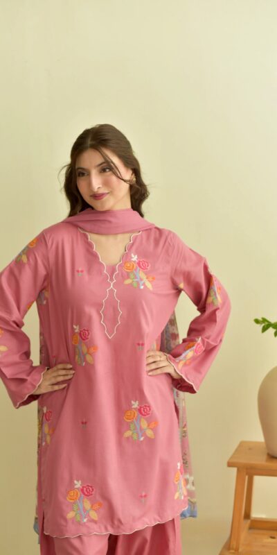 Fancy Peach Mul Chanderi Embroidery Cut Work Salwar Suit