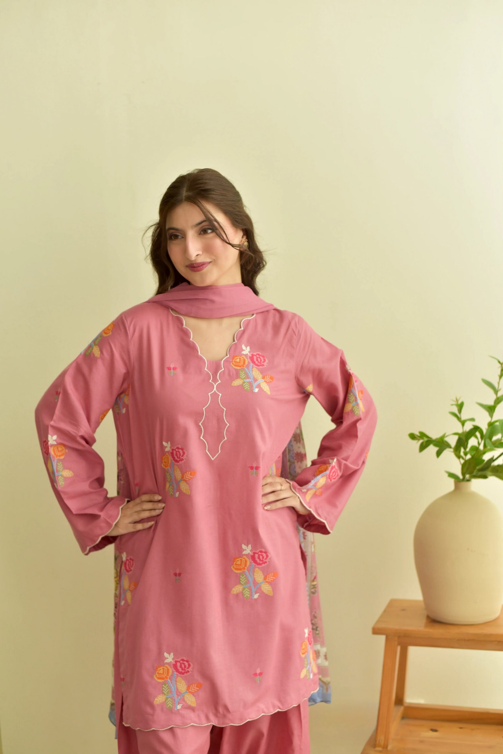 Fancy Peach Mul Chanderi Embroidery Cut Work Salwar Suit