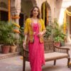 Fancy Pink Chinon Silk Heavy Print Work Saree