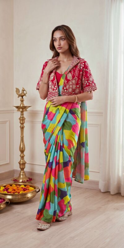 Fancy Pink Chinon Silk Mirror Embroidery Work Saree