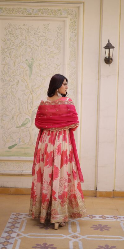 Fancy Pink Russian Silk Embroidery Zari Work Gown