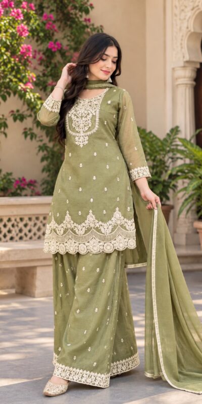Fancy Pista Crunchy Silk Embroidery Work Salwar Suit