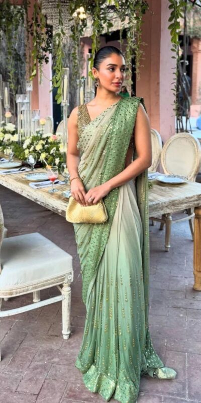 Fancy Pista Faux Georgette Intricate Foil Work Saree