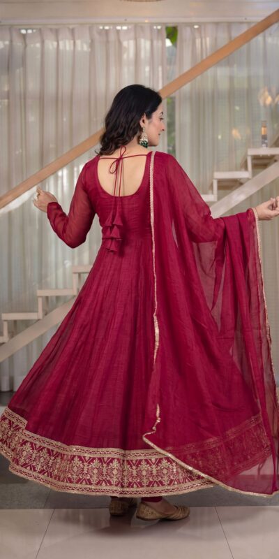 Fancy Red Crunchy Silk Embroider Work Anarkali Suit