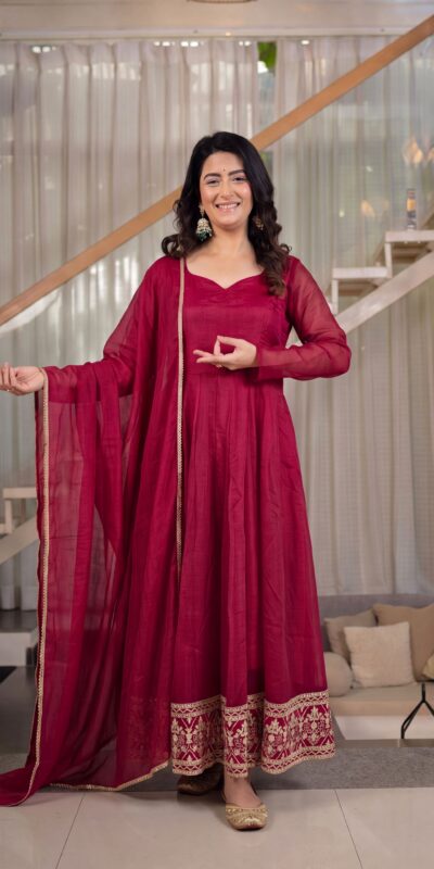 Fancy Red Crunchy Silk Embroider Work Anarkali Suit