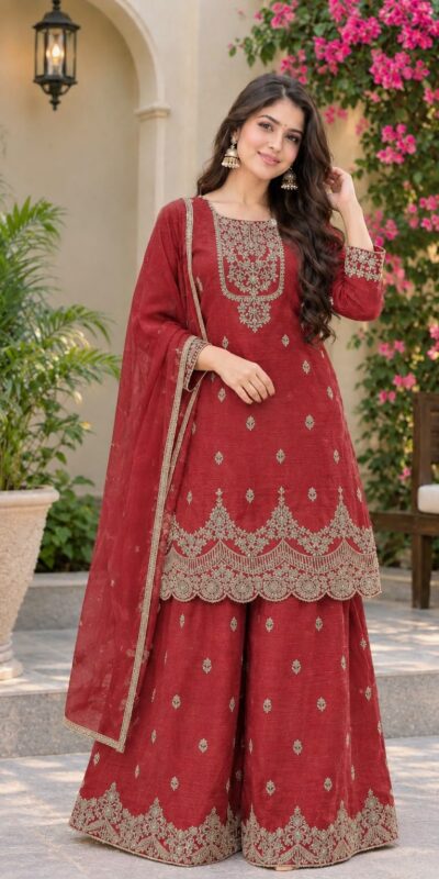 Fancy Red Crunchy Silk Embroidery Work Salwar Suit
