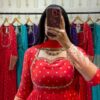 Fancy Red Jacquard Wiving Embroidery Zari Work Gown