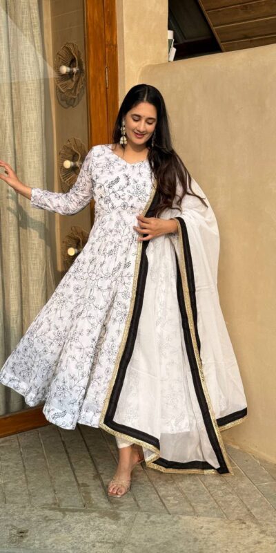 Fancy White NC Vichitra Embroidery Work Anarkali Suit