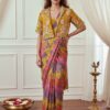Fancy Yellow Chinon Silk Mirror Embroidery Work Saree