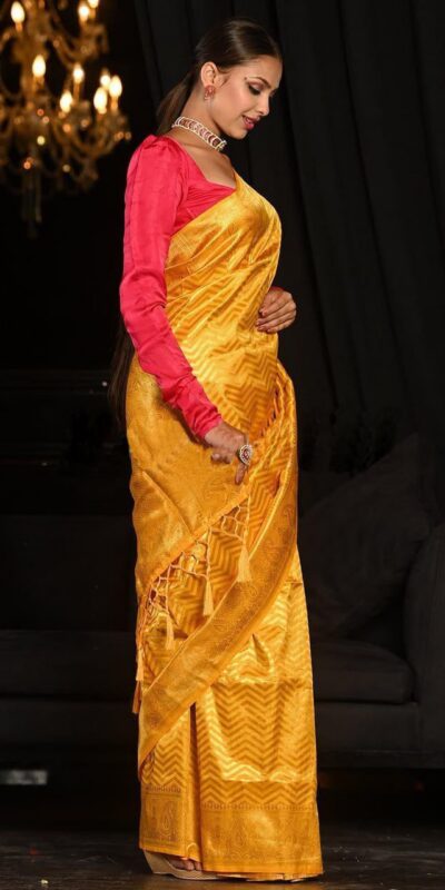Fancy Yellow Soft Lichi Silk With Jacquard Saree