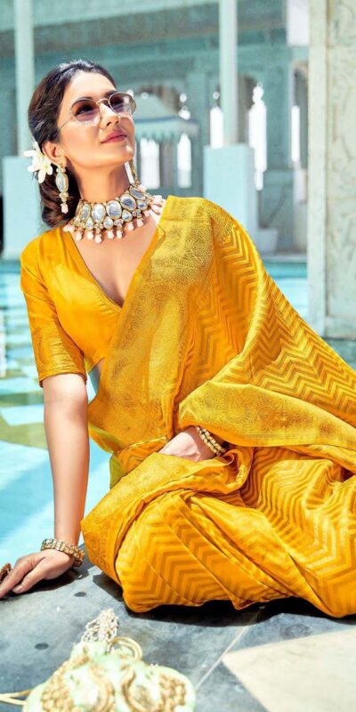 Fancy Yellow Soft Lichi Silk With Jacquard Saree