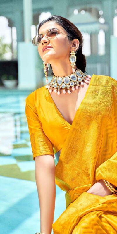 Fancy Yellow Soft Lichi Silk With Jacquard Saree
