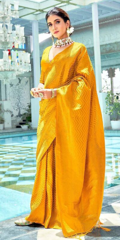 Fancy Yellow Soft Lichi Silk With Jacquard Saree