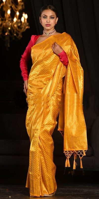 Fancy Yellow Soft Lichi Silk With Jacquard Saree