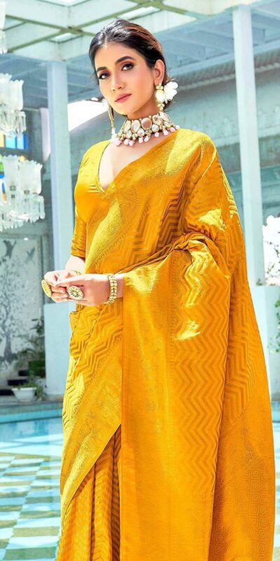 Fancy Yellow Soft Lichi Silk With Jacquard Saree