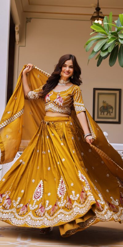Fantastic Mustered Vichitra Sequence Work Lehenga Choli