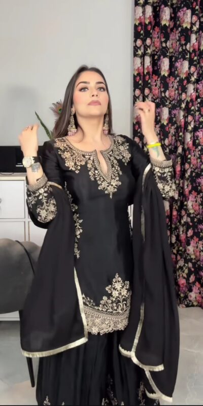 Glowing Black Chinon Sequence Work Salwar Suit