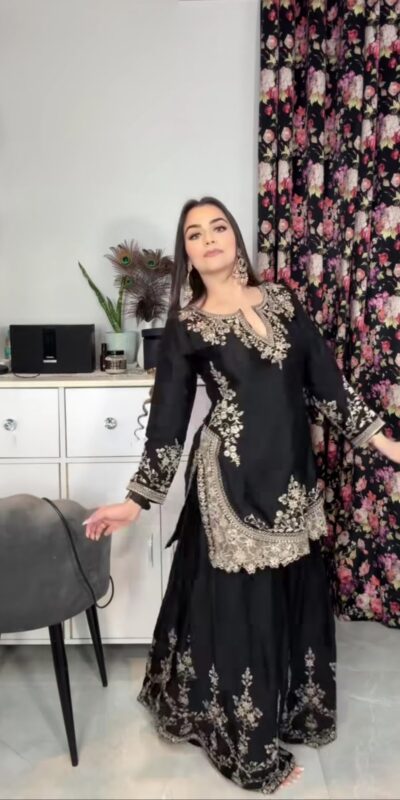 Glowing Black Chinon Sequence Work Salwar Suit