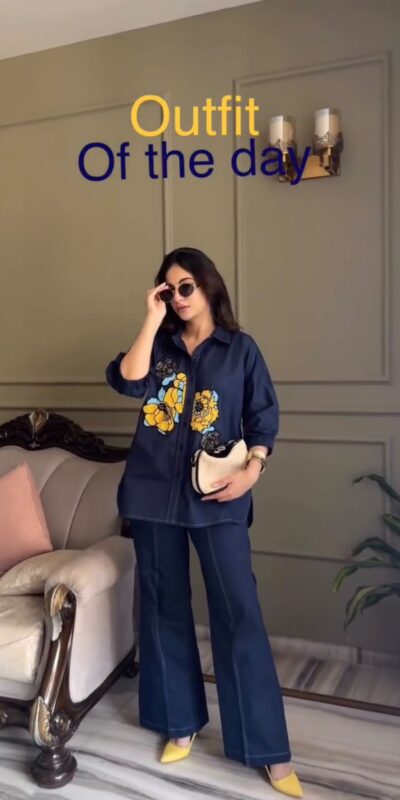 Glowing Blue Cotton Embroidery Work Kurti