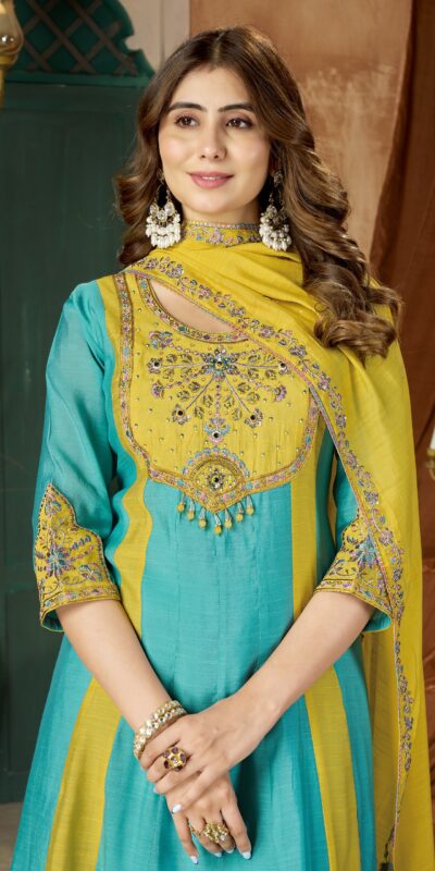 Glowing Blue Mal Chanderi Hand Work Salwar Suit