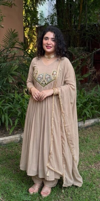 Glowing Cream Mal Chanderi Sequins Work Salwar Suit