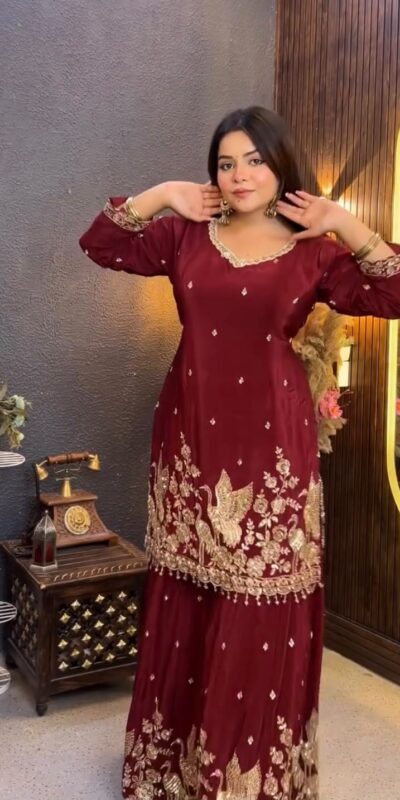 Glowing Maroon Chinon Embroidery Work Salwar Suit
