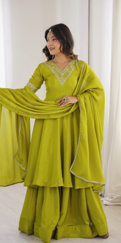 Glowing Mehendi Chinon Silk Sequin Work Salwar Suit