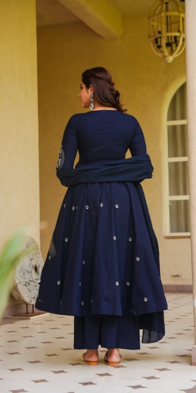 Glowing Navy Blue Roman Silk Embroidery Work Anarkali Suit